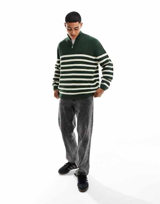 ASOS DESIGN oversized knit fisherman ribbed 1/4 sweater in green and white  stripe