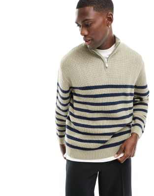 Asos Design Oversized Knit Fisherman Ribbed 1/4 Zip Sweater In Stone And Navy Stripe-neutral