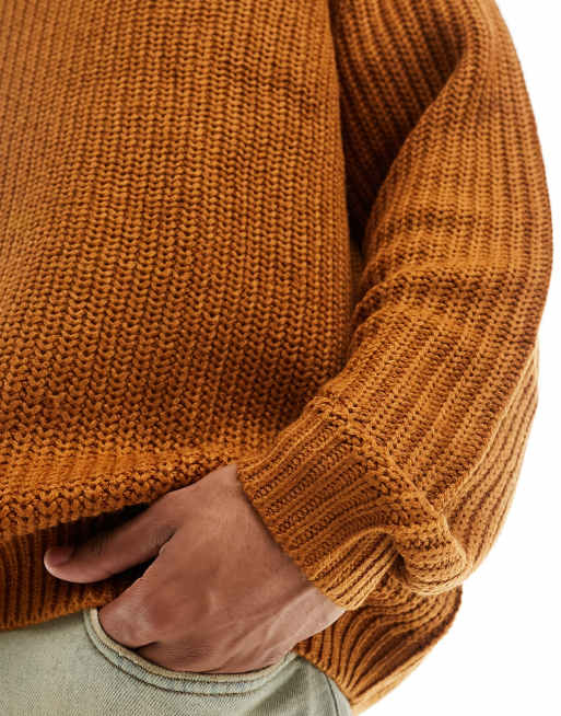 ASOS DESIGN oversized knit fisherman ribbed crew neck sweater in burnt  orange