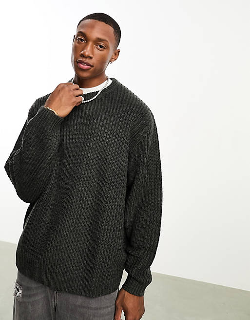 ASOS DESIGN oversized knit fisherman ribbed crew neck sweater in charcoal