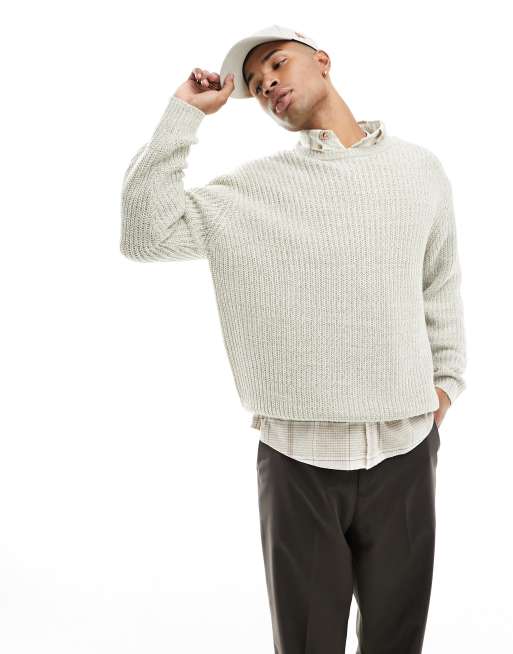 ASOS DESIGN oversized knit fisherman ribbed crew neck sweater in oatmeal  twist