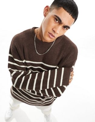 Asos Design Oversized Knit Fisherman Ribbed Crew Sweater In Brown And White Stripe