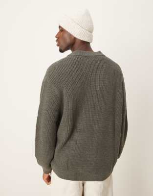 Asos Design Oversized Knit Fisherman Ribbed Notch Neck Sweater In Gray