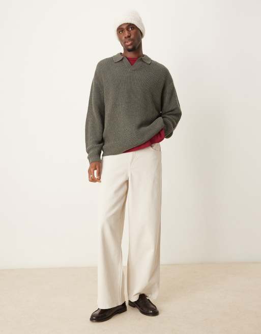ASOS DESIGN oversized knit fisherman ribbed notch neck sweater in charcoal heather