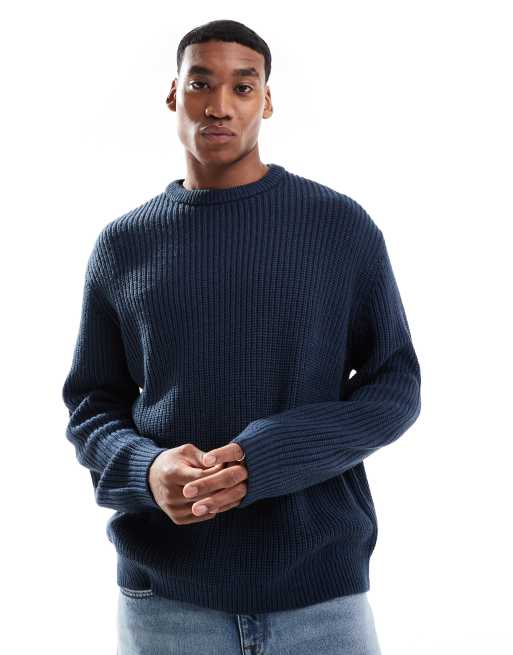 ASOS DESIGN oversized knit fisherman ribbed sweater in navy | ASOS