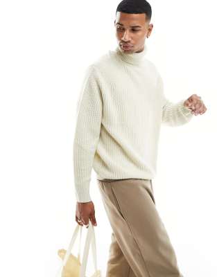 Asos Design Oversized Knit Fisherman Ribbed Turtle Neck Sweater In Stone-neutral