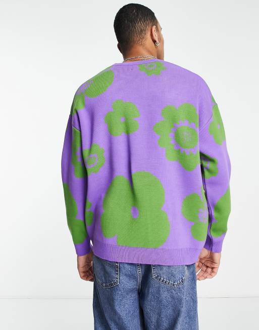 ASOS DESIGN oversized knit floral sweater in purple u0026 green | ASOS