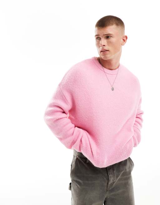 ASOS DESIGN oversized knit fluffy crew neck sweater in pink ASOS