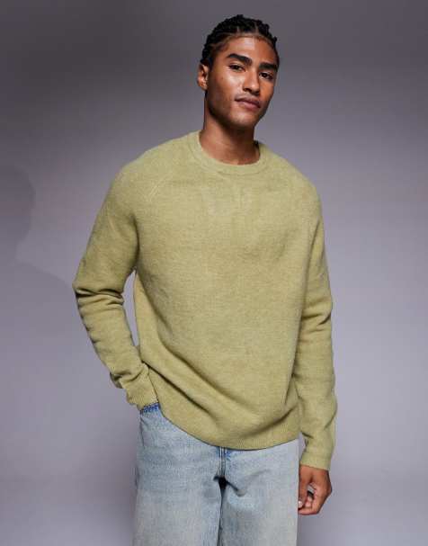 ASOS DESIGN oversized knit fluffy crew neck sweater in sage green - view 1