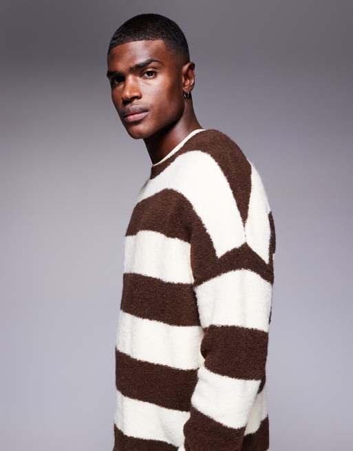 ASOS DESIGN oversized knit fluffy stripe sweater in brown and ecru, 4 of 5