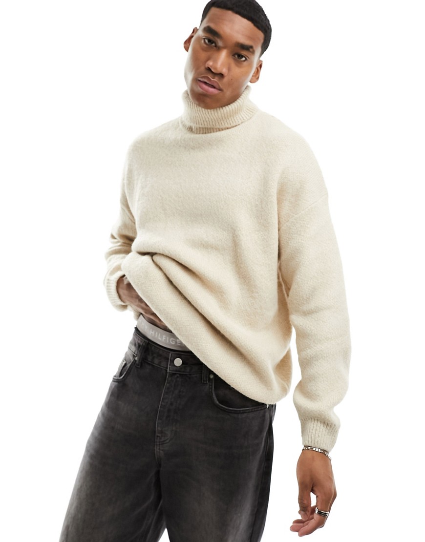 Asos Design Oversized Knit Fluffy Turtleneck Sweater In Beige-neutral