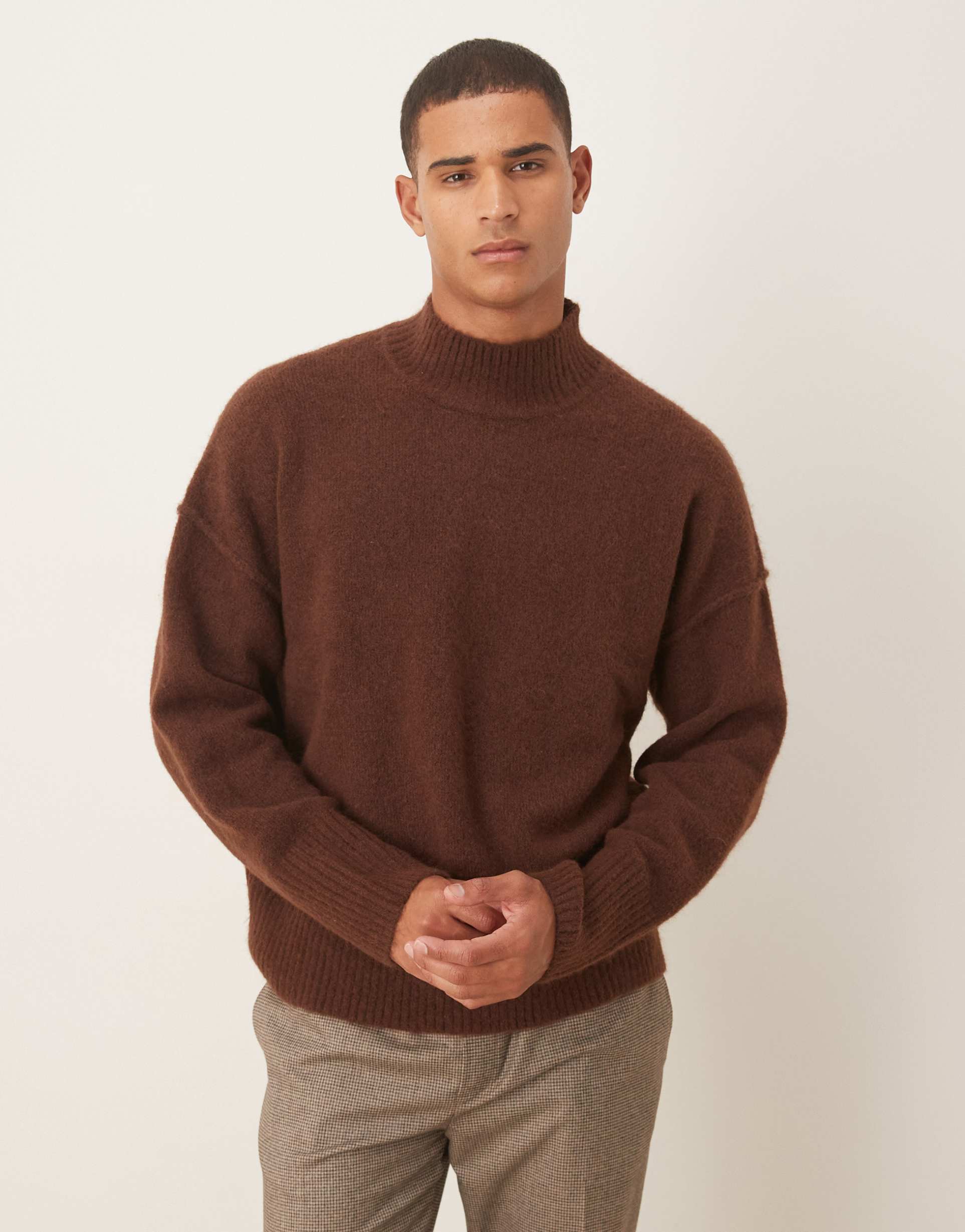 ASOS DESIGN oversized knit funnel neck wool blend sweater in brown