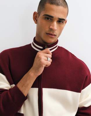 Asos Design Oversized Knit Funnel Neck Zip Up Sweater With Beige Panel Detail In Red