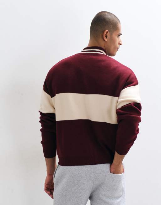 ASOS DESIGN oversized knit funnel neck zip up sweater with beige panel detail in red, 5 of 5