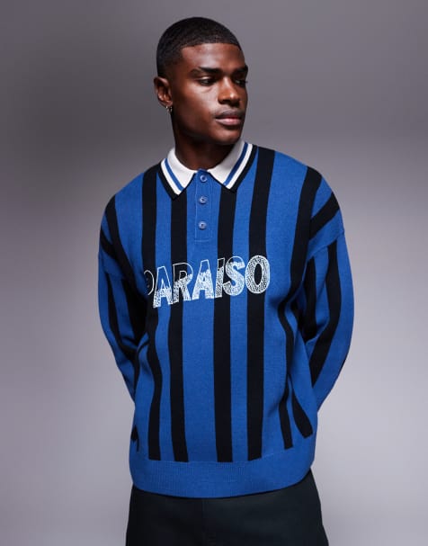 ASOS DESIGN oversized knit graphic polo in blue stripe - view 1