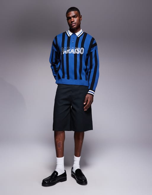 ASOS DESIGN oversized knit graphic polo in blue stripe, 2 of 5