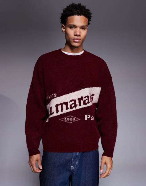 ASOS DESIGN oversized knit graphic sweater in burgundy - view 1