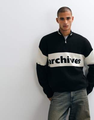 Asos Design Oversized Knit Half Zip With Beige Panel And Print In Black