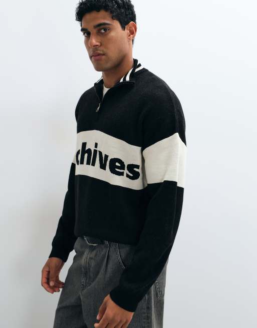 ASOS DESIGN oversized knit half zip with beige panel and print in black, 5 of 5