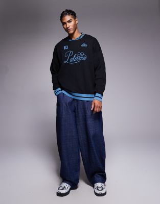 Asos Design Oversized Knit High V-neck Sweater With Vadella Sports Print In Black