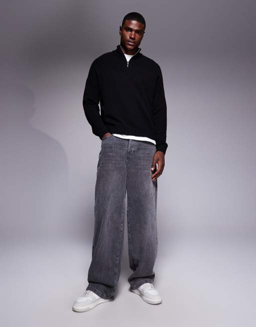 ASOS DESIGN oversized knit lambswool blend half zip sweater in black