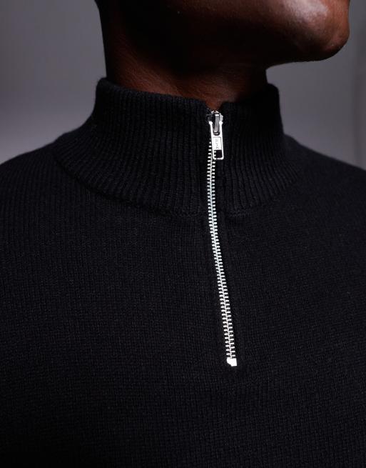 ASOS DESIGN oversized knit lambswool blend half zip sweater in black
