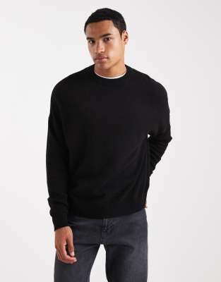 Asos Design Oversized Knit Lambswool Crew Neck Sweater In Black