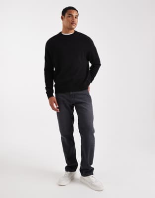 Asos Design Oversized Knit Lambswool Crew Neck Sweater In Black