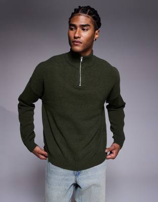 Asos Design Oversized Knit Lambswool Half Zip Sweater In Green