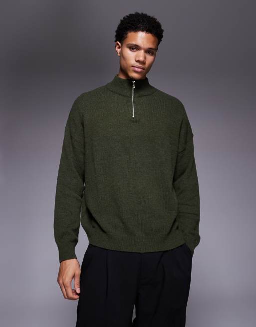 ASOS DESIGN oversized knit lambswool half zip sweater in khaki