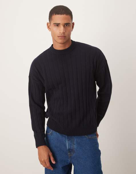 ASOS DESIGN oversized knit lambswool rib crew neck sweater in dark navy - view 1