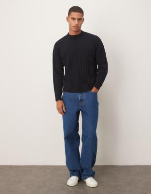 Asos Design Oversized Knit Lambswool Rib Crew Neck Sweater In Blue