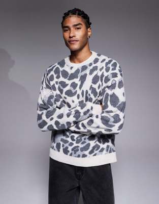 Asos Design Oversized Knit Leopard Print Sweater In White