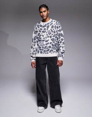 Asos Design Oversized Knit Leopard Print Sweater In White