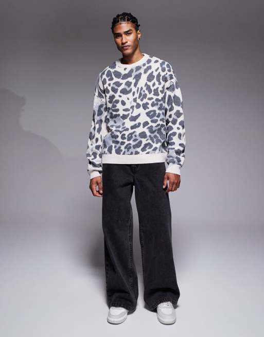 ASOS DESIGN oversized knit leopard print sweater in gray, 2 of 5
