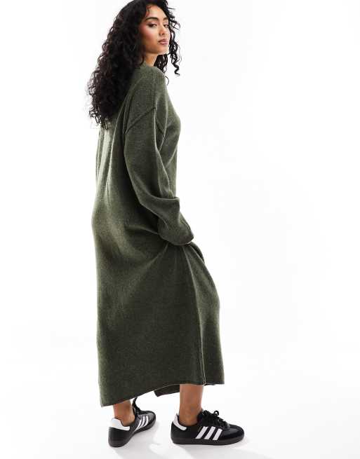 ASOS DESIGN oversized knit midi dress with crew neck and seam detail in  khaki | ASOS