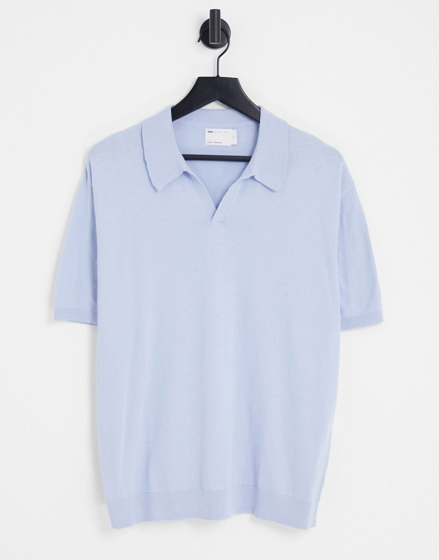 ASOS DESIGN oversized knit notch neck polo shirt in blue