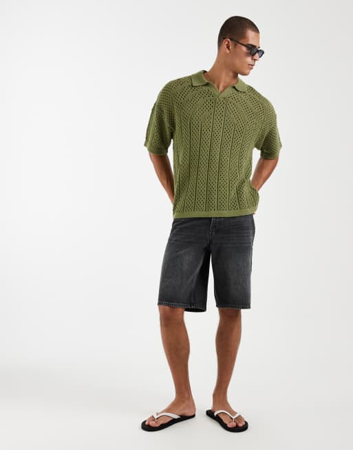 ASOS DESIGN oversized knit notch neck polo shirt with mesh panels in khaki green, 2 of 5