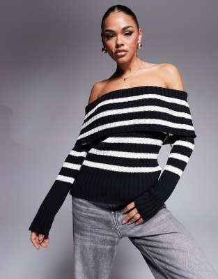 Asos Design Oversized Knit Off-shoulder Sweater In Black And White-multi