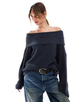 Asos Design Oversized Knit Off-shoulder Sweater In Navy