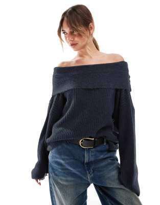 oversized knit off-shoulder sweater in navy