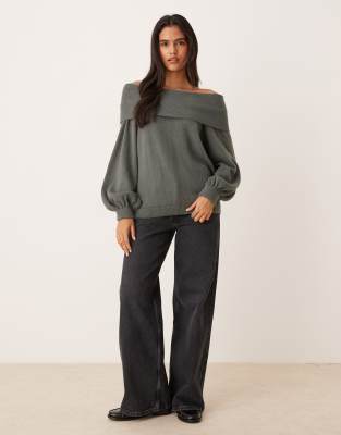 Asos Design Oversized Knit Off-shoulder Sweater With Balloon Sleeve In Green