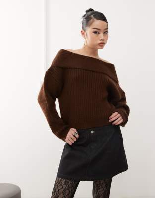 ASOS DESIGN OVERSIZED KNIT OFF THE SHOULDER SWEATER IN CHOCOLATE-BROWN