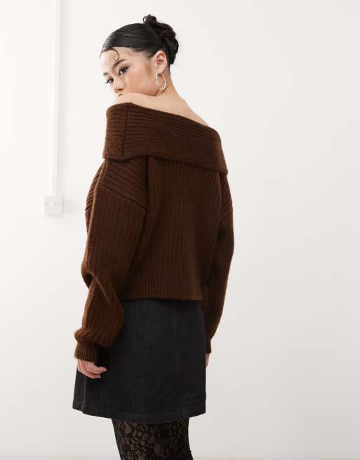 ASOS DESIGN oversized knitted off shoulder jumper in chocolate