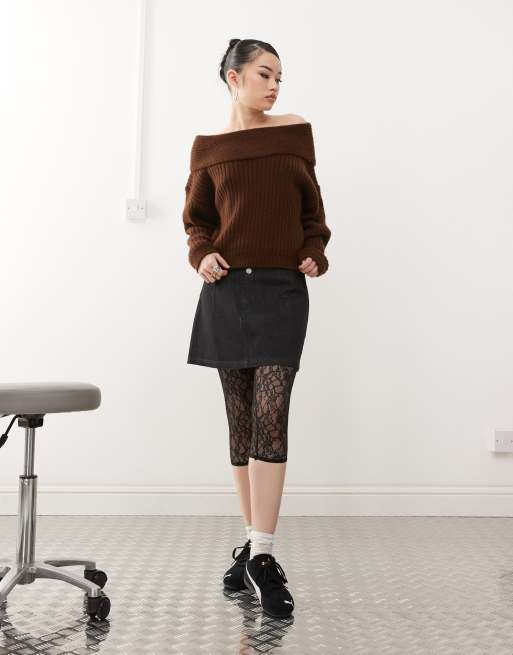 ASOS DESIGN oversized knitted off shoulder jumper in chocolate
