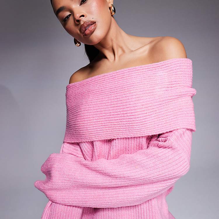 women's light pink off the shoulder sweater dress Dresses this dress features a flattering regular fit that enhances your silhouette Pink Ribbed Off-Shoulder Mini Sweater