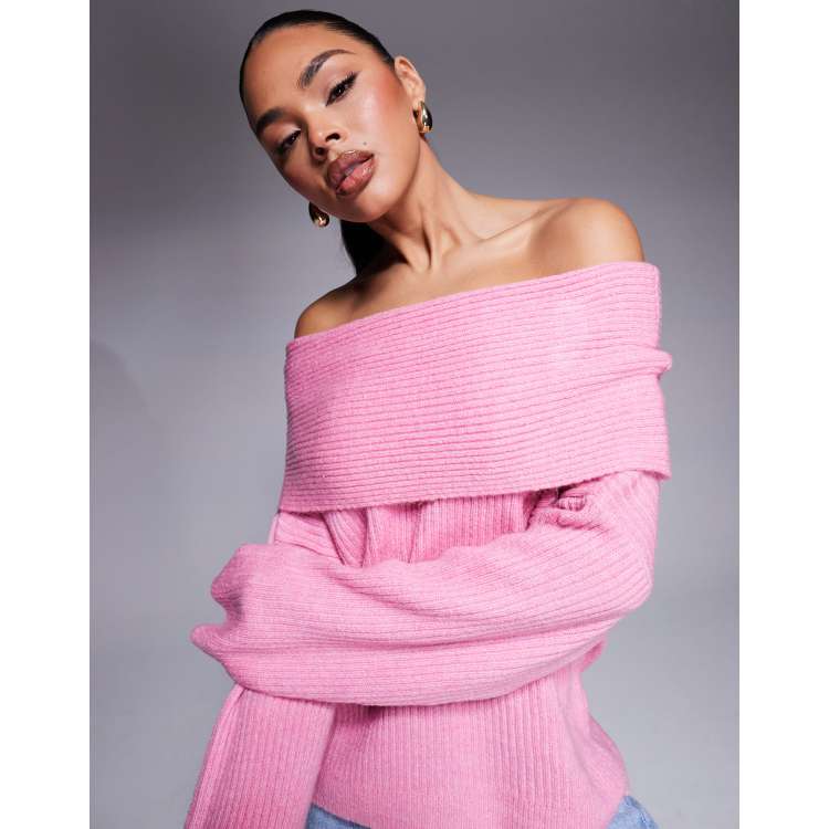 ASOS DESIGN oversized knit off the shoulder sweater in soft pink | ASOS