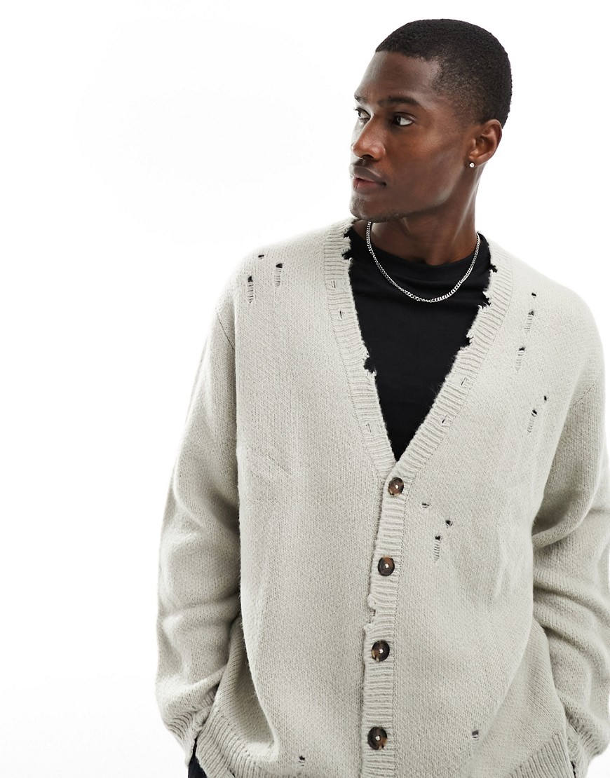 Asos Design Oversized Knit Plush Cardigan With Nibbling In Stone-neutral