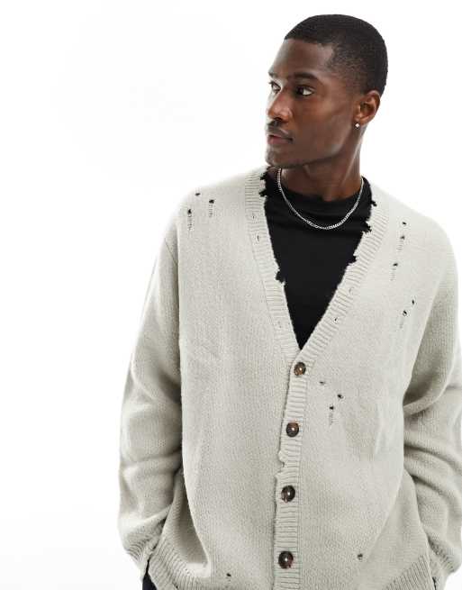 ASOS DESIGN oversized knit plush cardigan with nibbling in stone