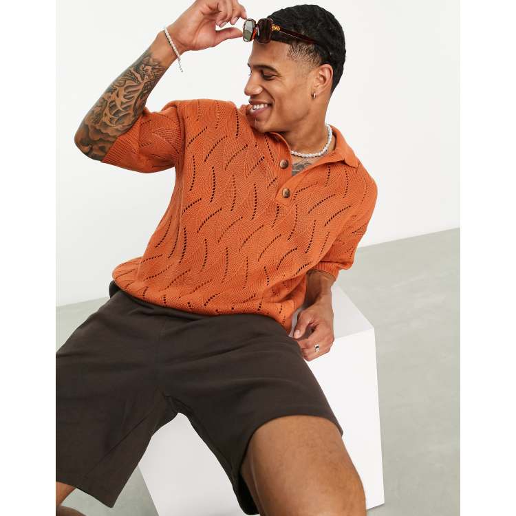 ASOS Design DESIGN knitted ribbed polo shirt in burnt orange